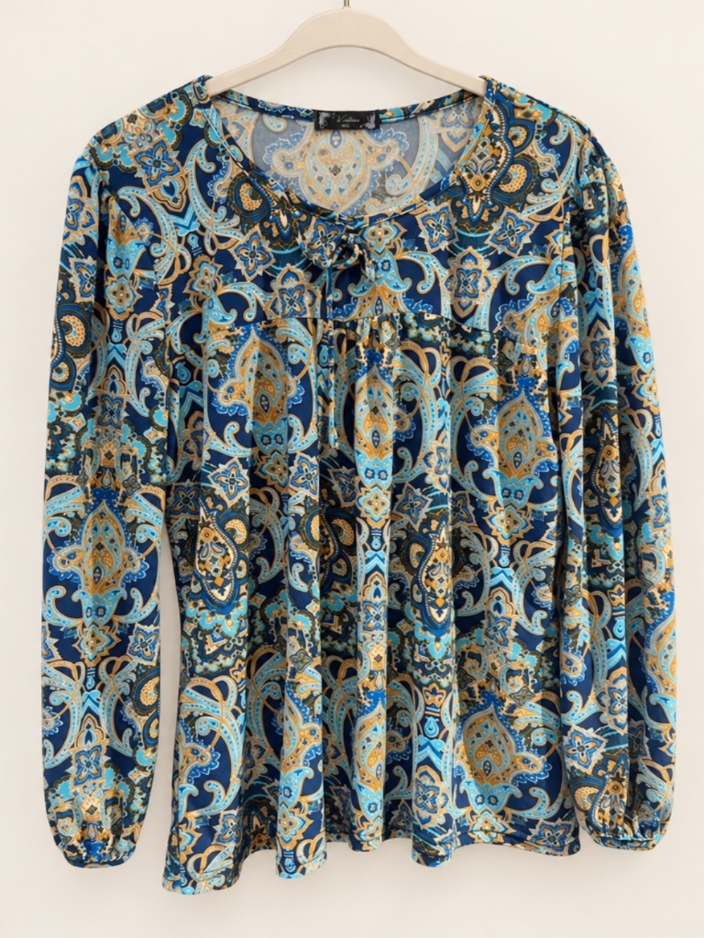 Victoria Blue Paisley Tie-Neck Peasant Blouse M/L